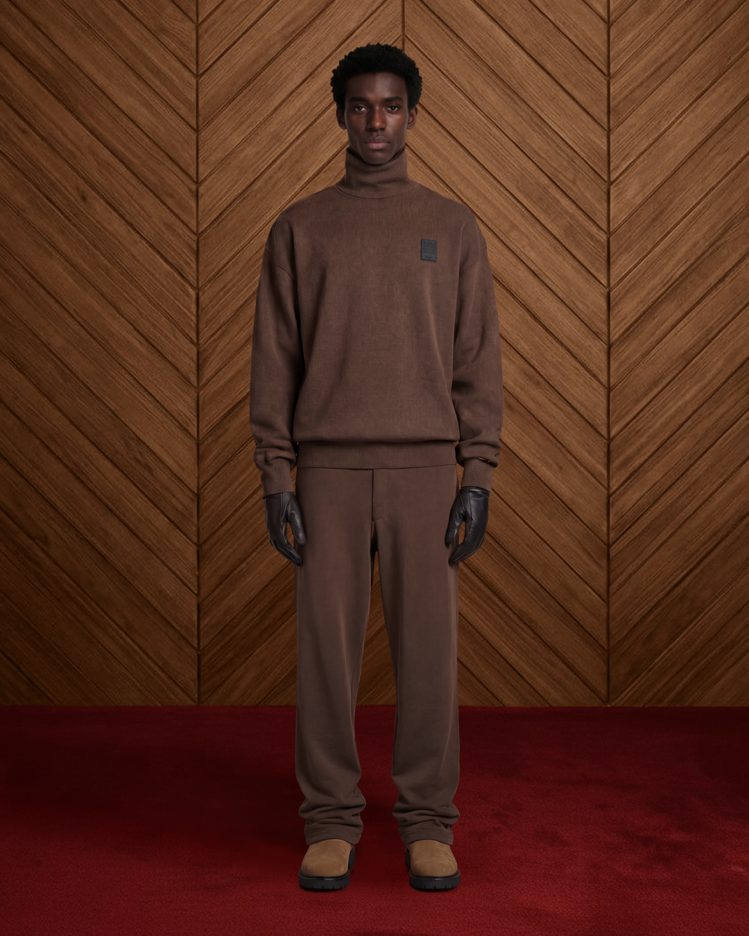 HIGH NECK SWEATER LOGO PATCH IN BROWN