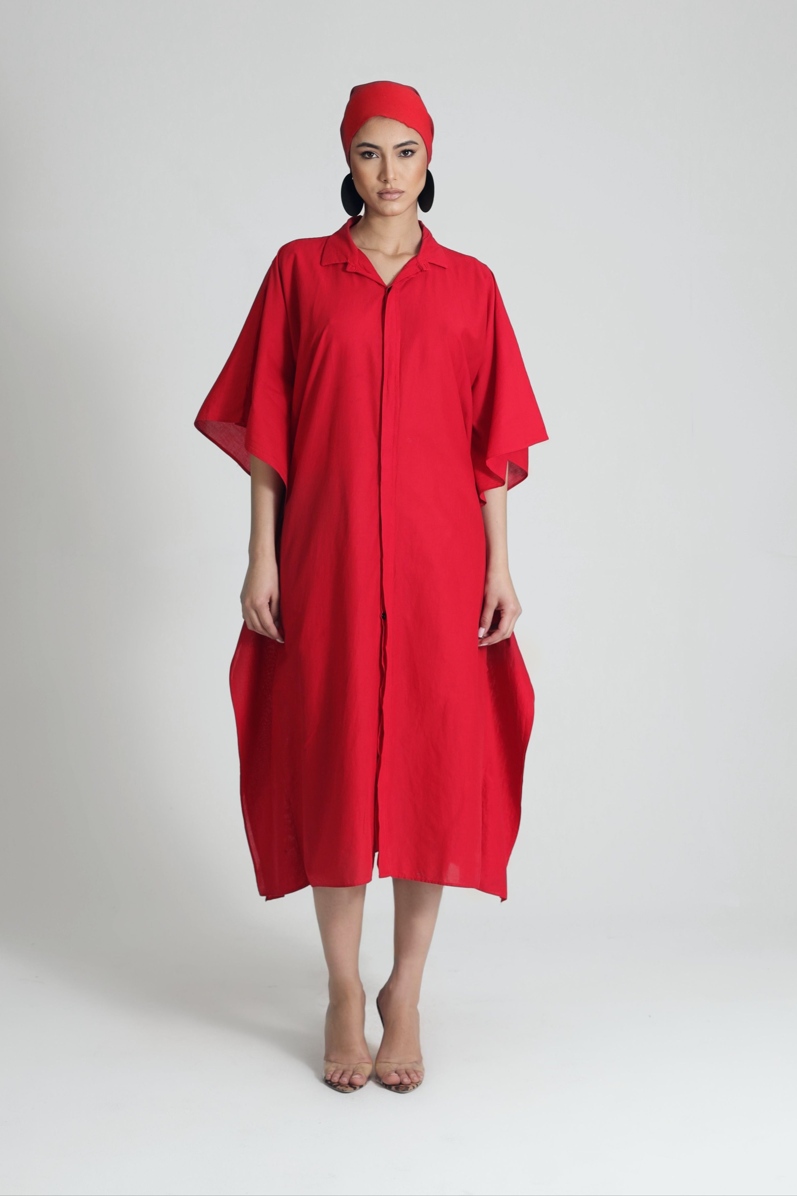 RED POPLIN SHIRT DRESS