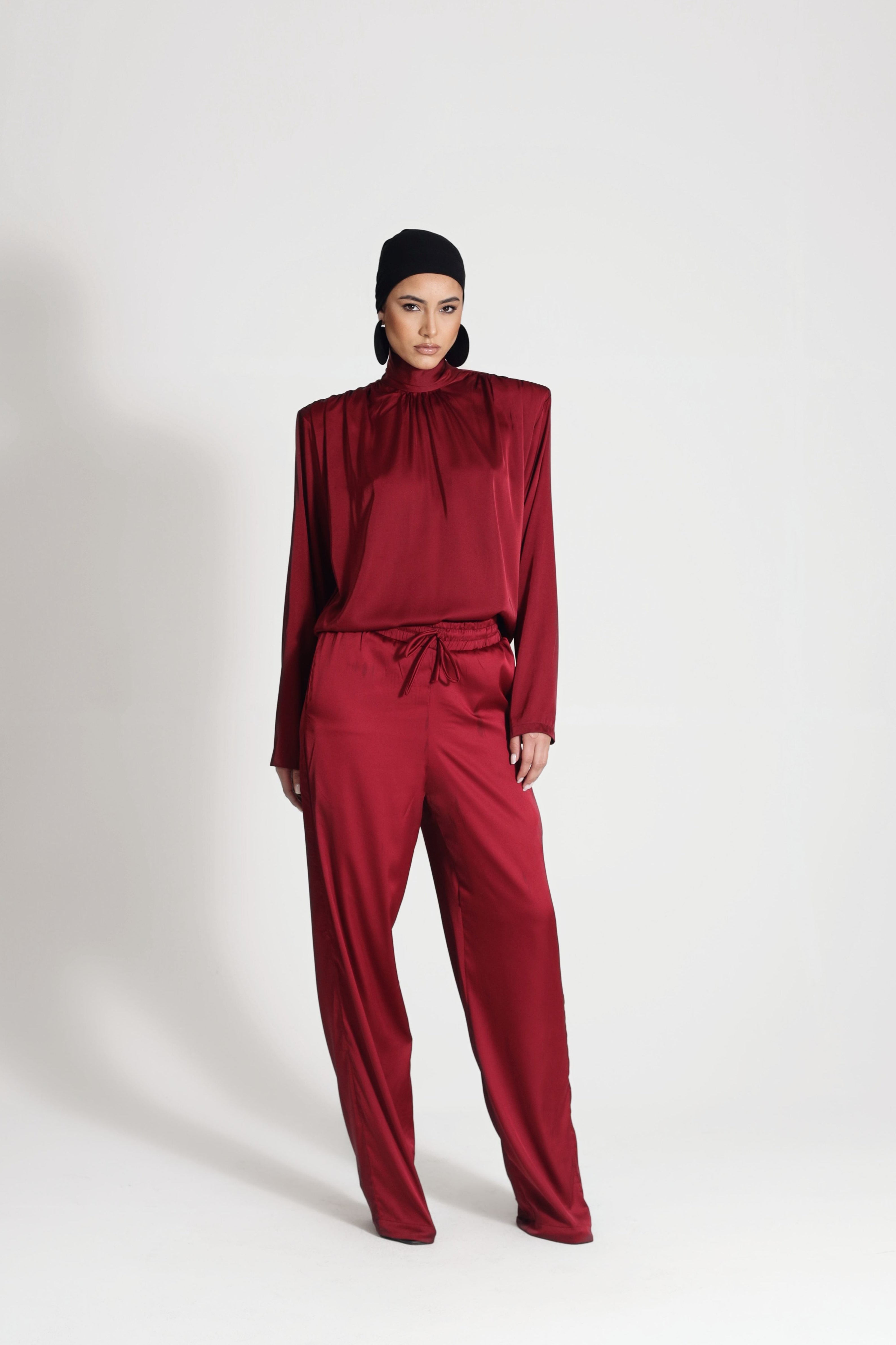OPEN BACK SATIN BLOUSE BURGUNDY
