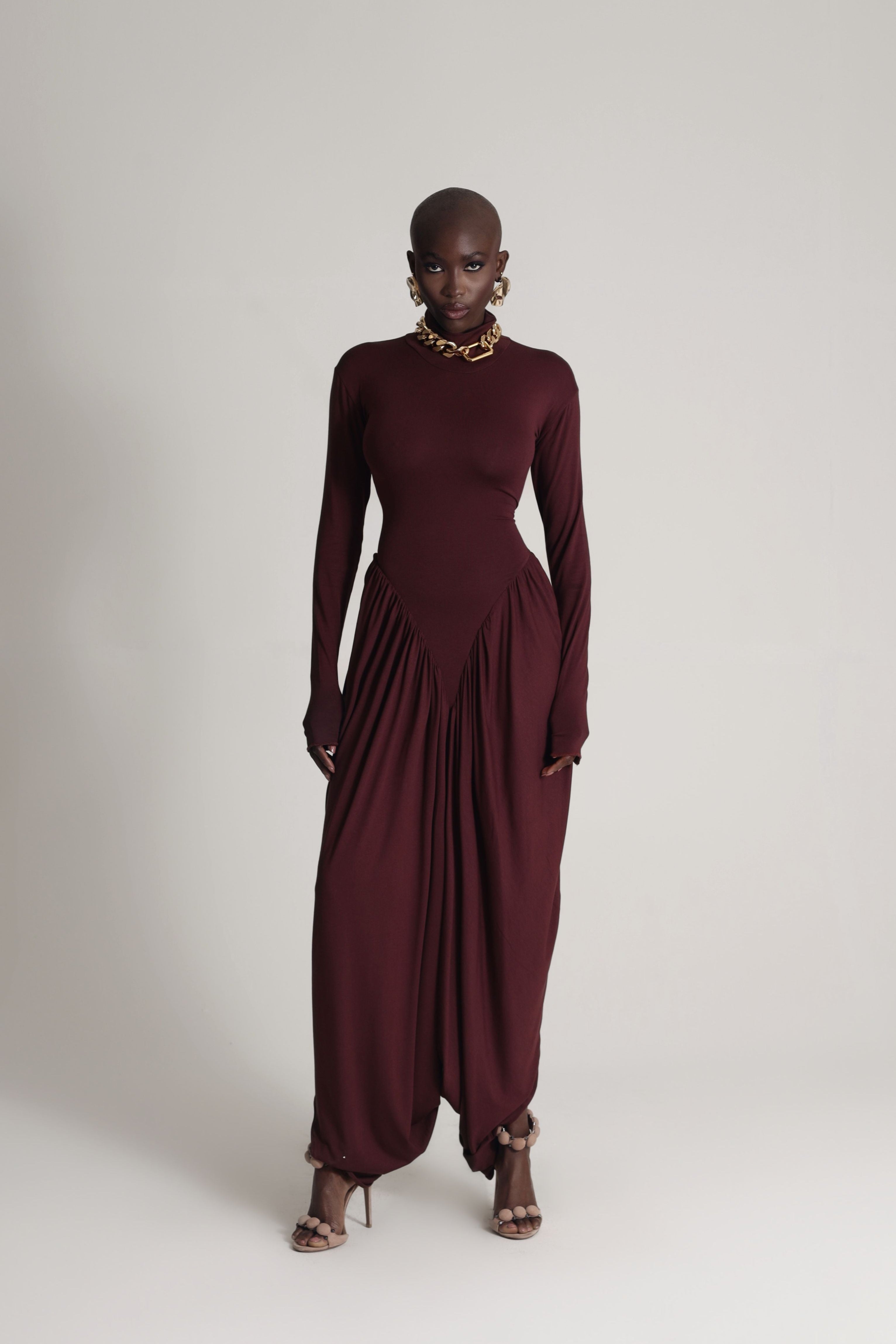 DRAPED JERSEY DRESS IN BURGUNDY