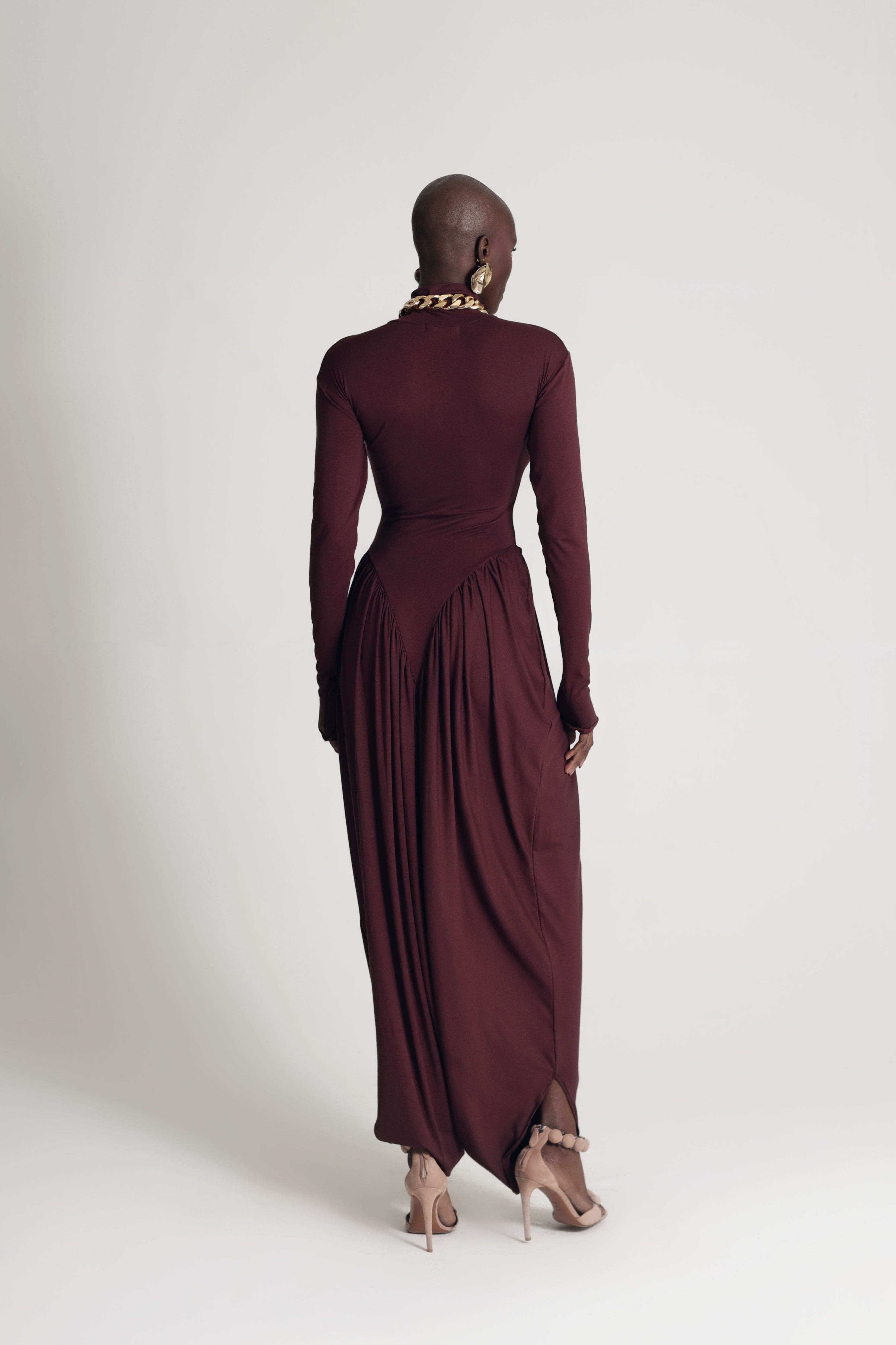 DRAPED JERSEY DRESS IN BURGUNDY