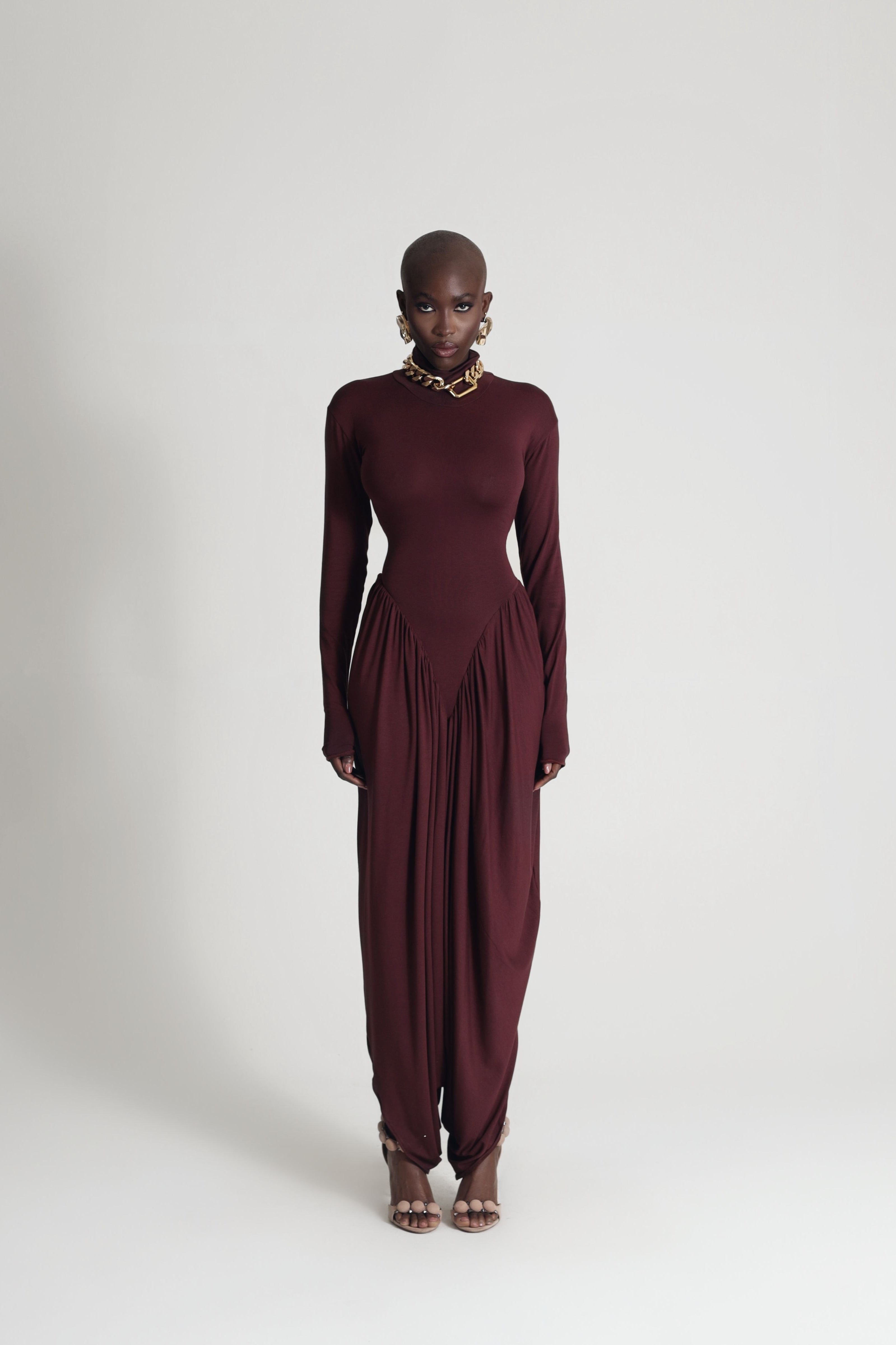 DRAPED JERSEY DRESS IN BURGUNDY