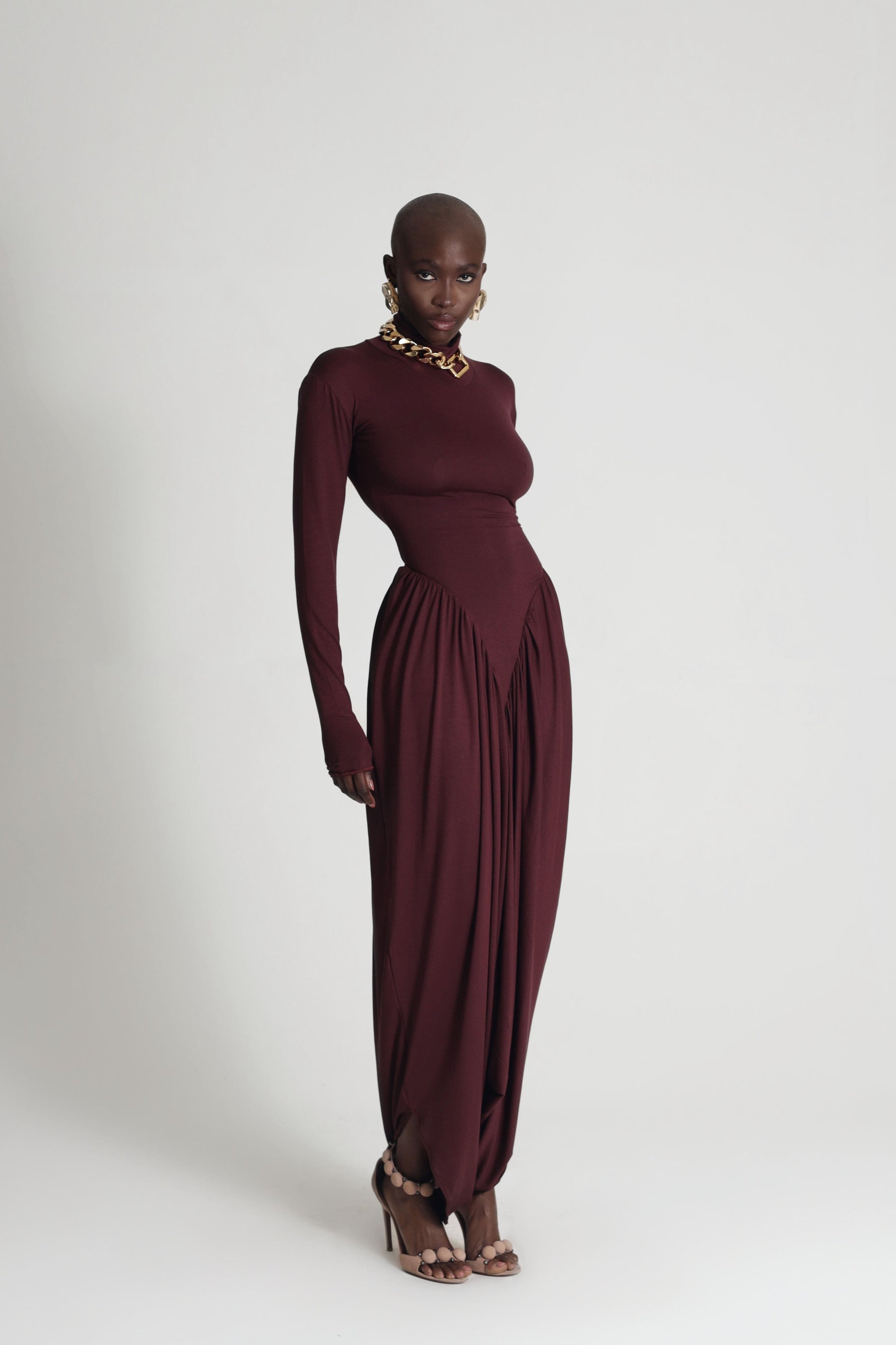 DRAPED JERSEY DRESS IN BURGUNDY