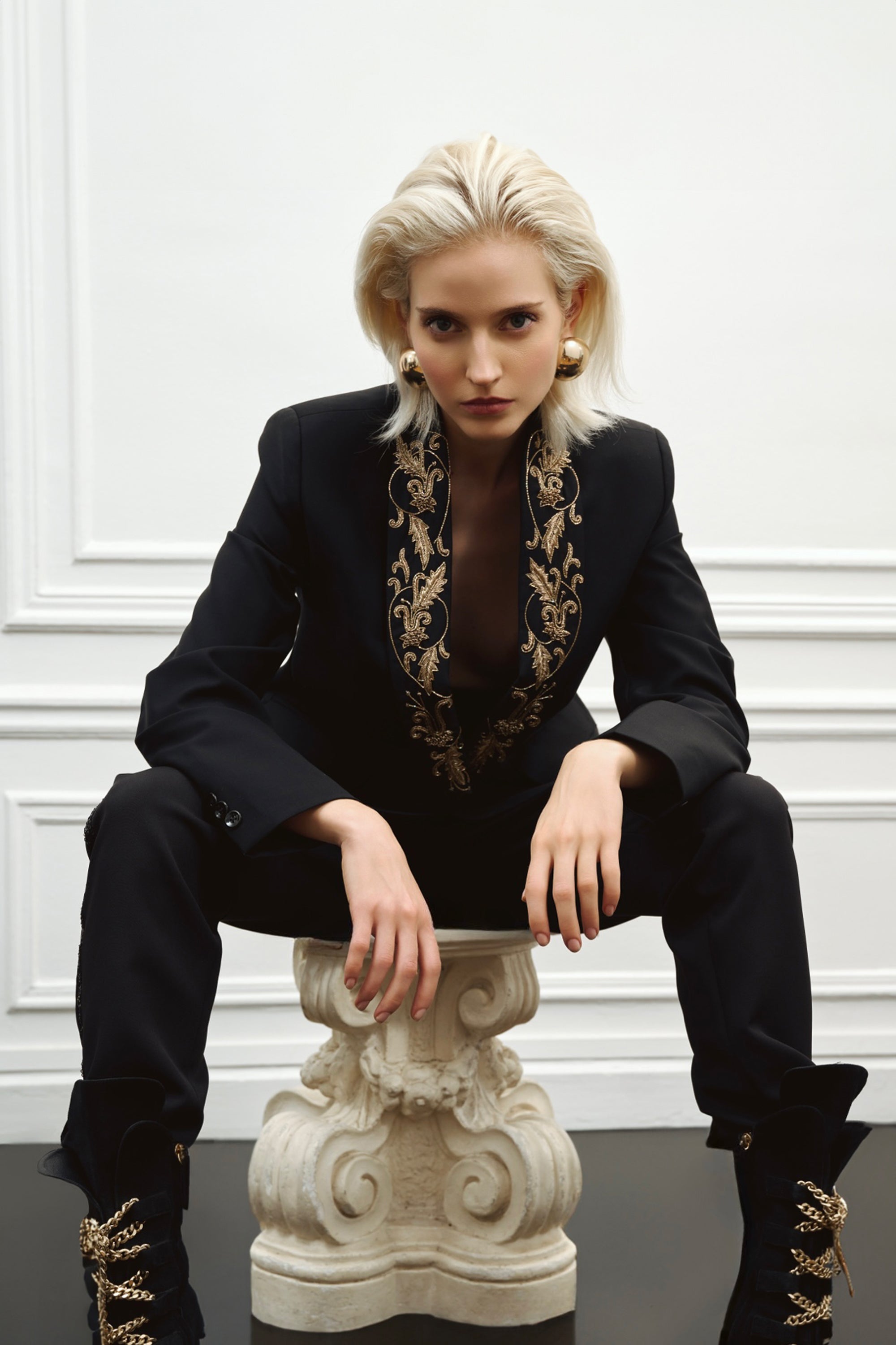 Black suit jacket with embroidered collar