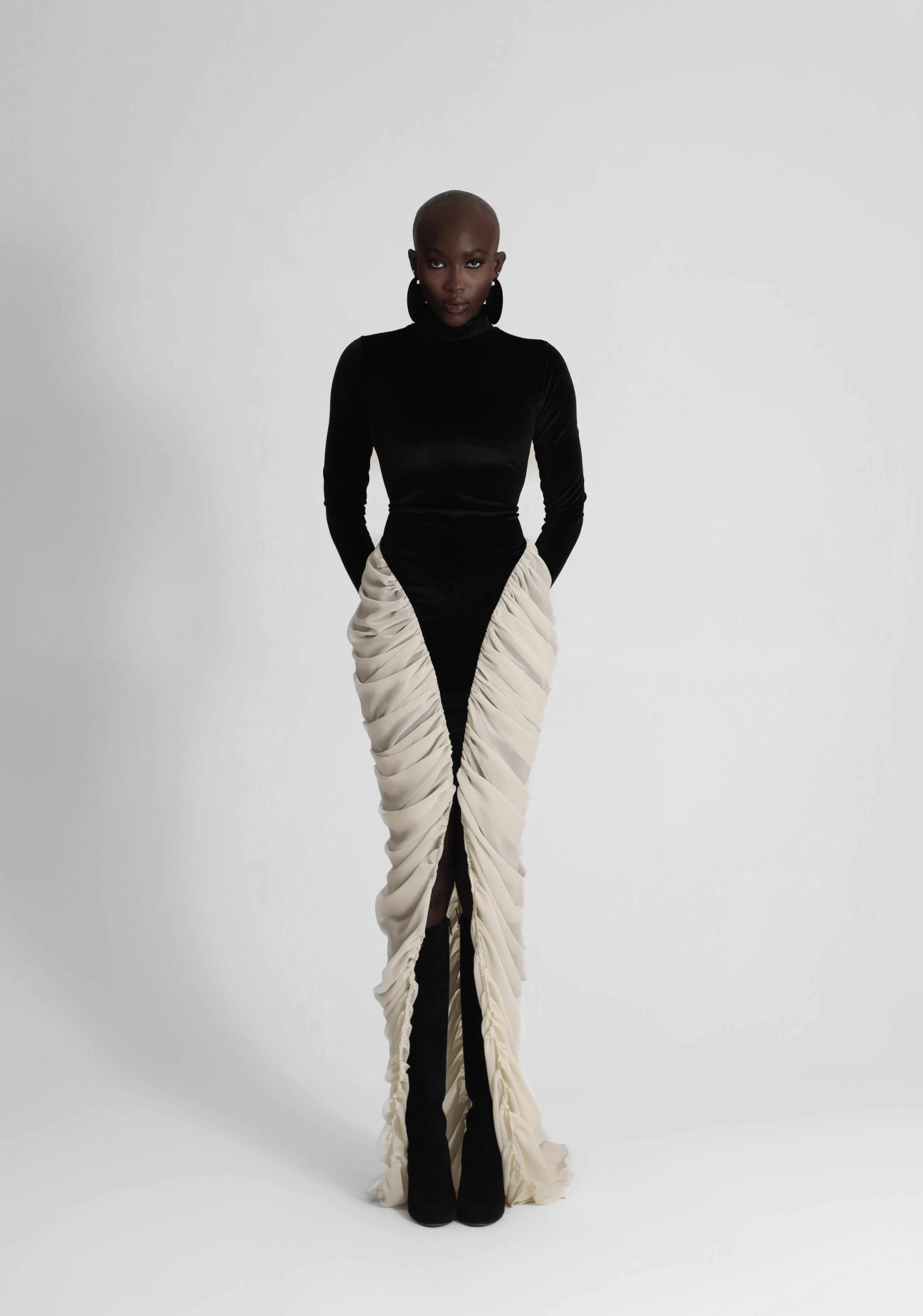 DRAPED DRESS IN VELVET AND CHIFFON