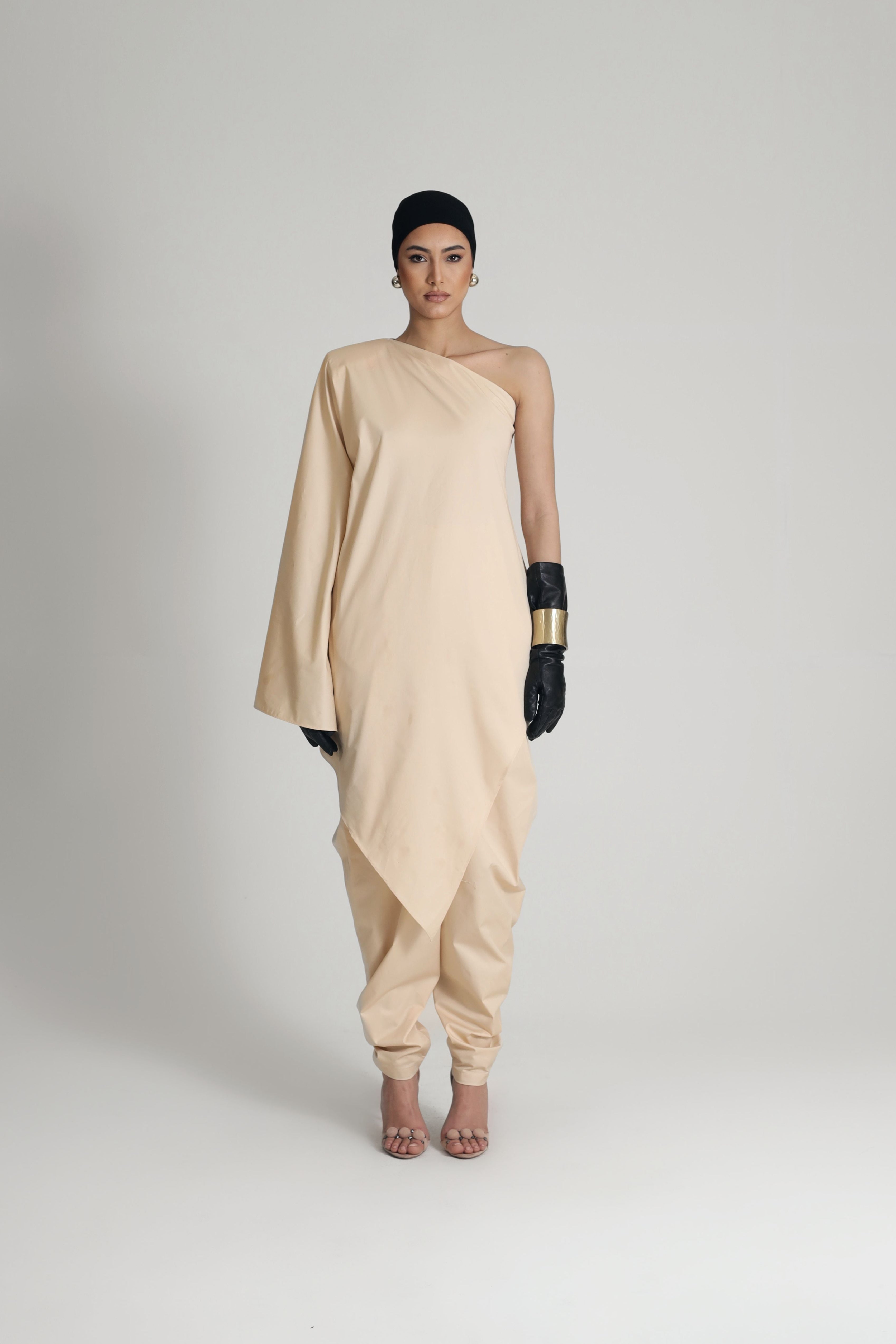 ONE SHOULDER DRESS IN BEIGE