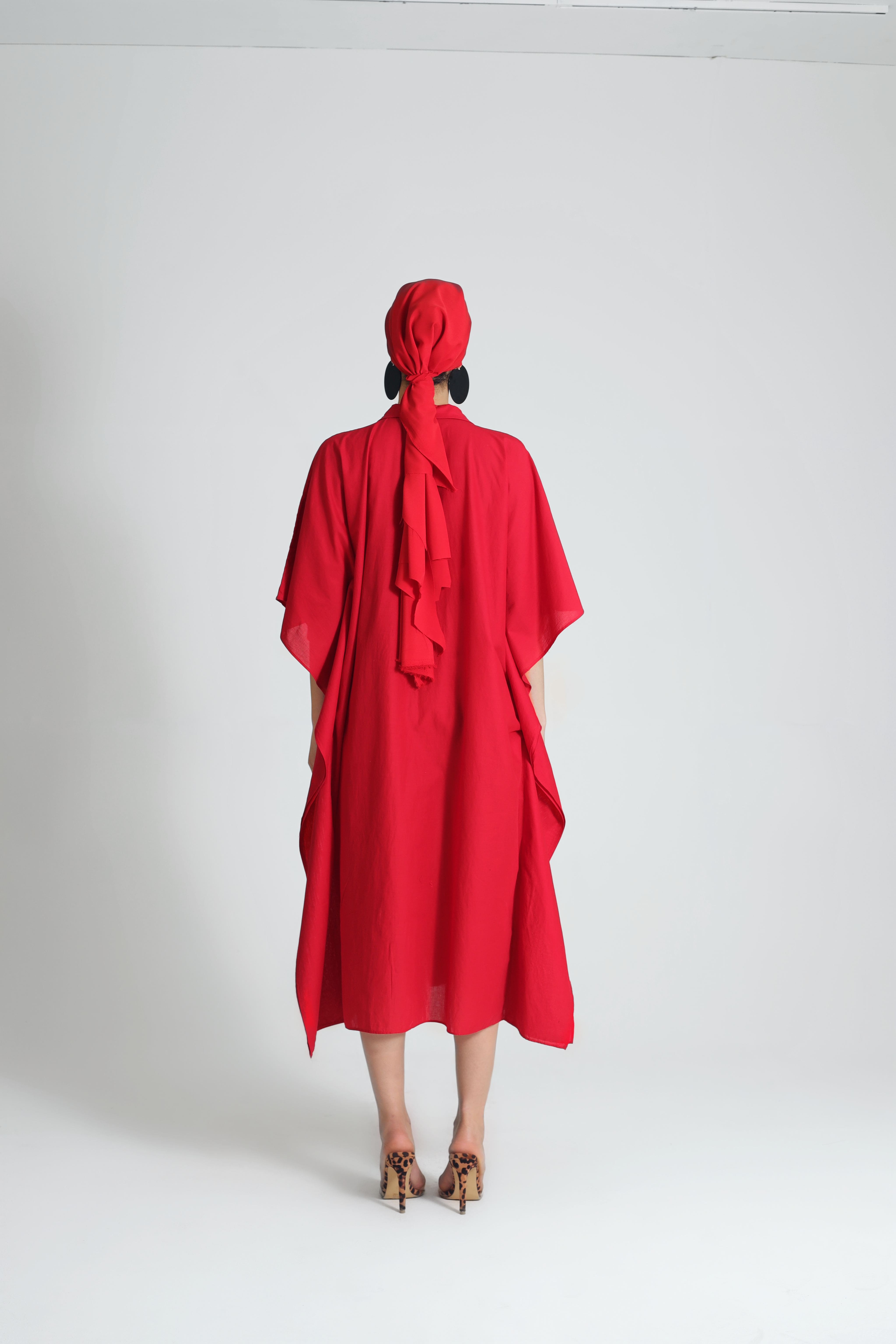 RED POPLIN SHIRT DRESS