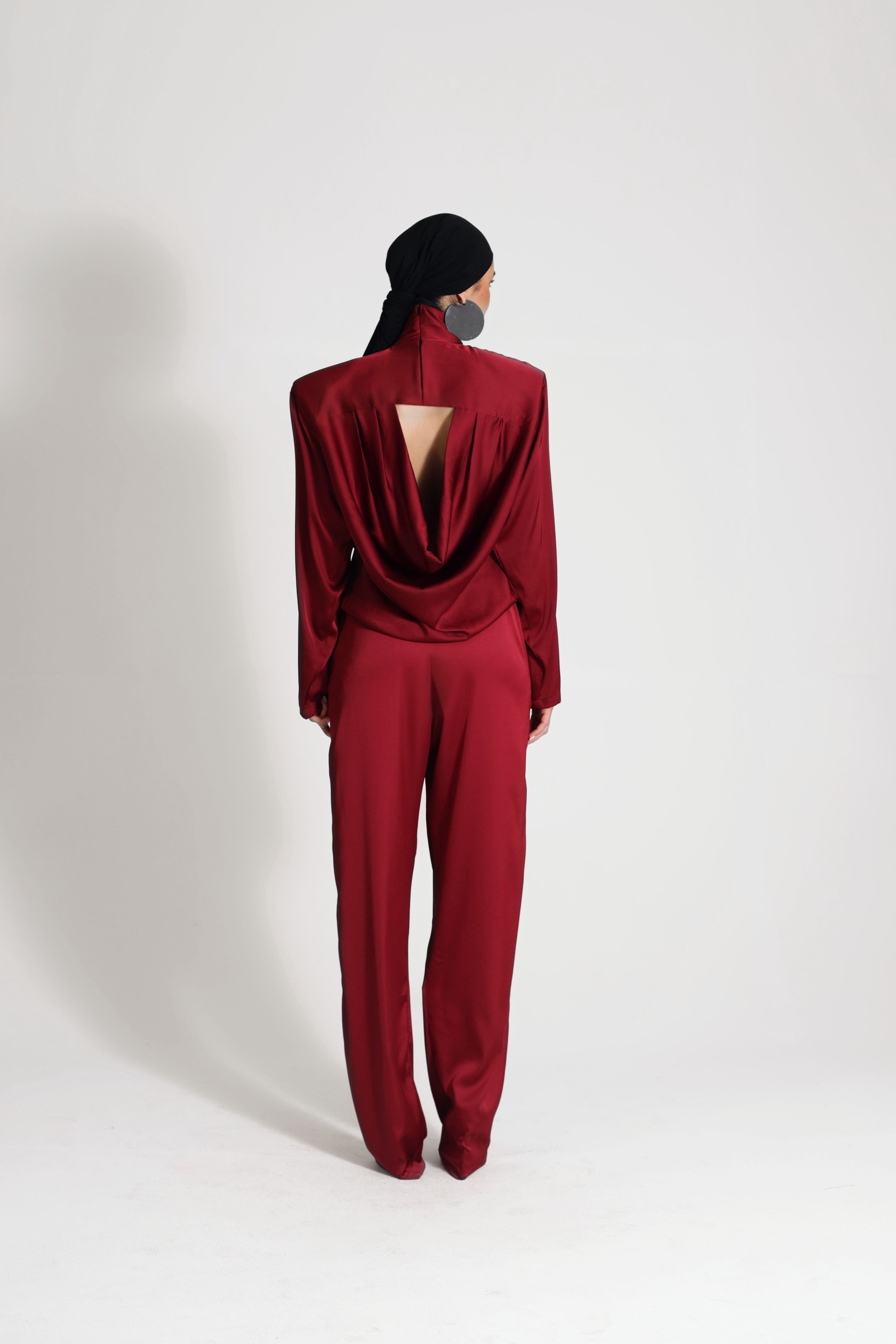 OPEN BACK SATIN BLOUSE BURGUNDY